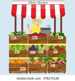 Local vegetable stall. Fresh organic food products shop on shelves. Local market farmer selling vegetables produce on his stall with awning. promote healthy eating concept. Food market.