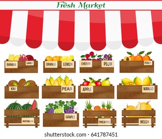 Local vegetable stall. Fresh organic food products shop on shelves. Local market farmer selling vegetables produce on his stall with awning. promote healthy eating concept. Food market.