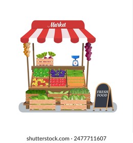 Local vegetable stall. Local market farmer selling vegetables produce on his stall with awning. promote healthy eating concept. Food market. illustration in flat style