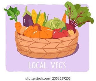 Cosecha de verduras locales con pegatina de mimbre. Calabaza orgánica fresca, zanahoria, maíz, berenjena, pimienta dulce en canasta de mimbre. Agricultura, agricultura, nutrición sana ilustración vectorial plana