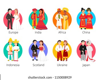 Local weddings collection with the bride and groom wearing traditional dress and engaging in local customs. Vector set of Wedding couples in traditional clothes. Different weddings vector illustration