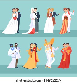 Local weddings collection with the bride and groom wearing traditional dress and engaging in local customs. Vector set of Wedding couples in traditional clothes. Different weddings vector illustration