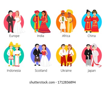 Local weddings collection with the bride and groom wearing traditional dress and engaging in local customs. Vector set of Wedding couples in traditional clothes. Traditional weddings couple vector