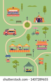 Local weekend market concept illustration with variety of carts, stands and kiosks in summer park with footpaths and trees