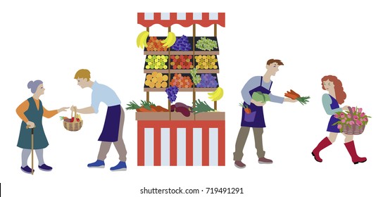 Local weekly market farmers selling vegetables produce on stall with awning. Modern flat style realistic vector illustration isolated on white background.