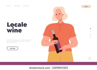 Local wine presentation landing page design template with cartoon woman buying alcoholic drink