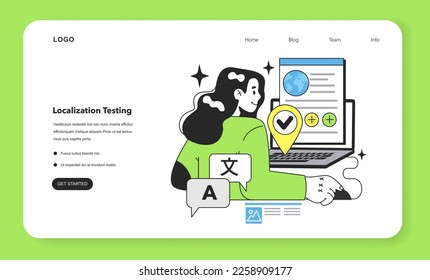 Localization testing technique web banner or landing page. Software testing methodology. IT specialist searching for bugs in code. Website and application development. Flat vector illustration