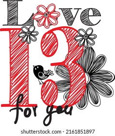 localized or centralized print of love number with flowers and bird