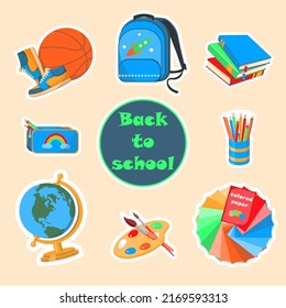 A localized collection of stickers with school supplies and stationery. Backpack, books, globe, ball, pencils and paints. Colorful vector illustration. No people.