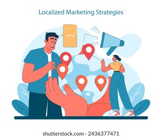 Concepto de estrategias de marketing localizadas. Adaptar las campañas a las preferencias regionales. Orientación geográfica para mejorar la relevancia para el cliente. Ilustración vectorial.