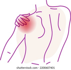 Localized shoulder ache, isolated personage showing back. Symptoms of health issues, causes and treatment for curing and taking care of. Minimalist drawing with area of pain, vector in flat style