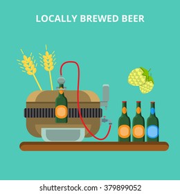 Locally brewed beer ale brewery concept. Small local home brewing industry machine rye hops bottle pouring. Flat style web site vector illustration.