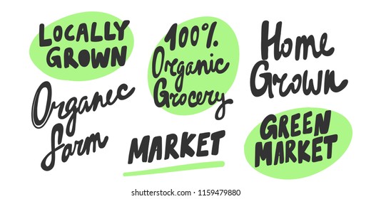 Locally grown. 100% organic grocery, green market, farm. Sticker for social media. Vector hand drawn illustration design. Bubble pop art comic style poster, t shirt print, post card, video blog cover