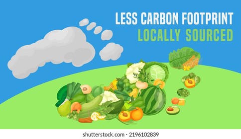 Locally grown concept with carbon footprint. Organic food, gardening, farming, agriculture. Eco-friendly banner for local fruits and vegetables production. Vector illustration on a white background