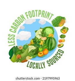 Locally grown concept with carbon footprint. Organic food, gardening, farming, agriculture. Eco-friendly banner for local fruits and vegetables production. Vector illustration on a white background