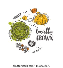 Locally grown. Farm product. Organic concept design. Hand drawn vector illustration with vegetables. Can be used for farmers market, food festival, poster, banner, sticker, logo, label, emblem, shop.