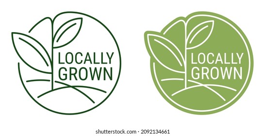 Locally grown flat stamp in thin line - eco-friendly emblem for packaging of regional farming fruits or vegetables - isolated vector pictogram