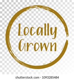 Locally grown food icon, brown label vector, round emblem for products packaging, food pack. Products grown on local farms sign, native grown tag circle frame, logo shape label graphic design.