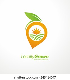 Alimentos cultivados localmente de la plantilla de etiqueta vectorial de los agricultores locales. Diseño de diseño de logotipo vegetal. Símbolo de fruta con sol y campos.