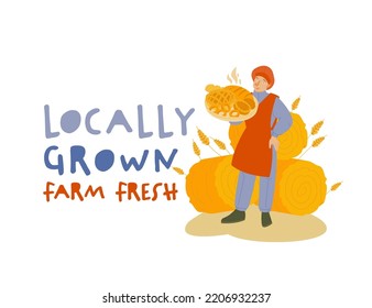 Locally Grown Label. Organic Bread, Gardening, Farming, Agriculture Sticker. Eco-friendly Emblem For Local Restaurants, Cafes And Food Production. Vector Illustration Isolated On A White Background