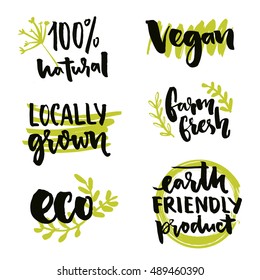 Locally grown label and vegan sign. Earth friendly product, Gmo free sticker design. Farm fresh inscription. Vector 100% natural badges with hand drawn doodles and text