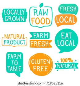 Locally grown, raw food, fresh local, natural product, farm to table, fresh, gluten free. Vector hand drawn icons, badges, labels, posters, logos illustration set. Organic, healthy business concept. 
