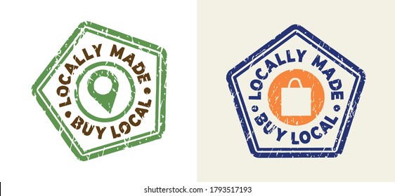 Locally Made, Buy Local Stamps In Polygon Shapes. Grunge Texture. Vector Illustrations.