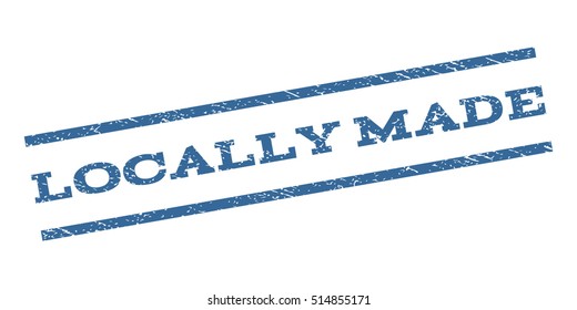 Locally Made watermark stamp. Text caption between parallel lines with grunge design style. Rubber seal stamp with dirty texture. Vector cobalt blue color ink imprint on a white background.