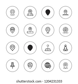 Locate icon set. collection of 16 outline locate icons with location, pin icons.