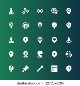 locate icon set. Collection of 25 filled locate icons included Location, Pins, Pin, Position