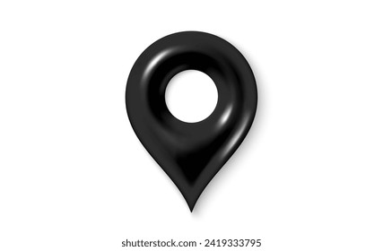 Locate map pin gps marker. 3d design of location map pin icon. Place position pointer, destination black tag. Street location sign, travel map point. Vector 3d illustration.