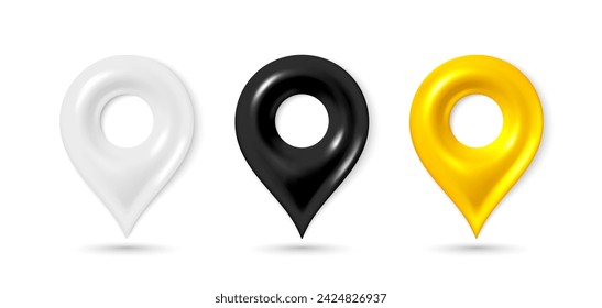 Locate map pin gps markers. 3d design of location map pin icon. Place position pointer, destination yellow tag. Street location sign, black travel map point. Vector 3d illustration.