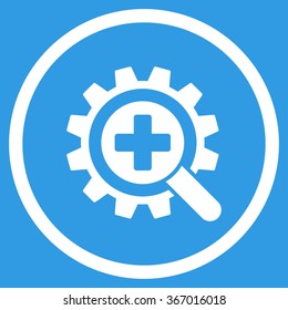 Locate Medical Technology vector icon. Style is flat circled symbol, white color, rounded angles, blue background.