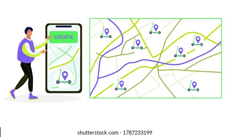 Localice una motocicleta junto a usted en aplicación móvil, un hombre revisando el mapa del smartphone.Concepto de alquiler de motocicletas eléctricas, servicio de uso compartido.Transporte ecológico.Transporte urbano. Ilustración plana vectorial.