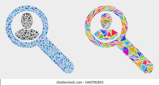 Locate user mosaic icon of triangle items which have variable sizes and shapes and colors. Geometric abstract vector illustration of locate user.