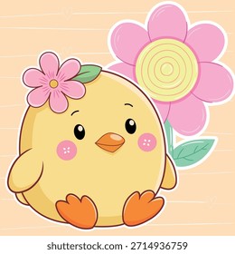 located of a cute chick, with a giant flower.