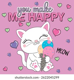 
Located of a kitten eating ice cream on a pink background with hearts seamless pattern