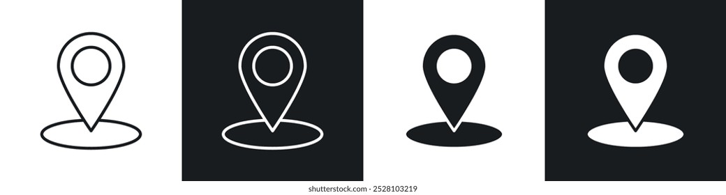 Located vector icon set in black and white