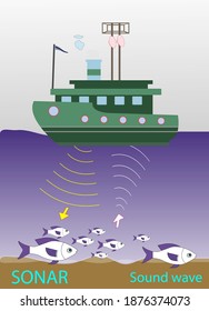 locating fish with sound waves. locating fish with sonar device. Sound waves produced by seismic vehicles. sound waves. sonar device vector