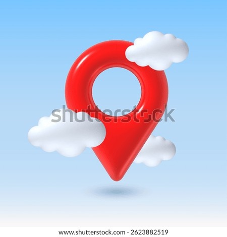 Location 3d pin. Red map pin in blue sky with white cloud. Realistic place marker, navigation GPS pointer. Vector travel and destination concept in 3D rendering soft style.