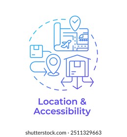 Ícone de conceito de gradiente azul de localização e acessibilidade. Imóveis industriais. Logística e ligações de transporte. Ilustração de linha de forma redonda. Ideia abstrata. Design gráfico. Fácil de usar no artigo