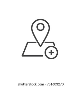 Location add line icon, outline vector sign, linear style pictogram isolated on white. Place position with plus symbol, logo illustration. Editable stroke