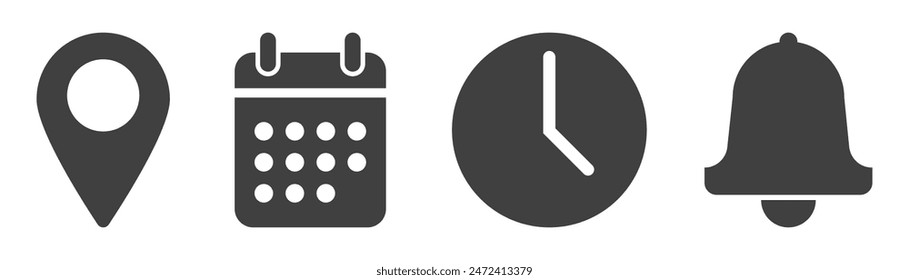 location, address, time, date icon on white background.