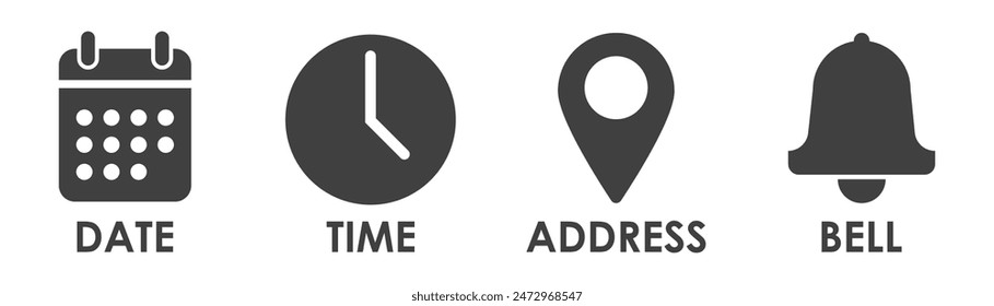 location, address, time, date icon on white background.