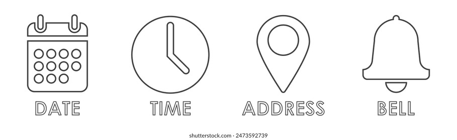 location, address, time, date icon on white background.