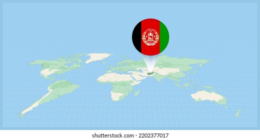 Location of Afghanistan on the world map, marked with Afghanistan flag pin. Cartographic vector illustration.