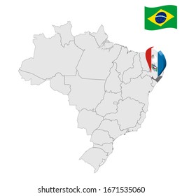 Location of Alagoas on map Brazil. 3d Alagoas location sign. Flag of Alagoas. Quality map with regions of Brazil. Stock vector. EPS10.