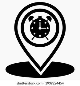 Location alarm clock icon. Travel time. Point of GPS. Location clock icon. Route reminder. Vector icon.