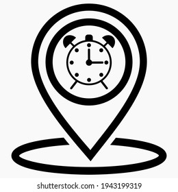 Location alarm clock icon. Travel time. Point of GPS. Location clock icon. Route reminder. Vector icon.