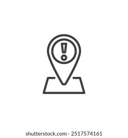 Location Alert line icon. Linear style sign for mobile concept and web design. Map pin with exclamation mark outline vector icon. Location notification symbol, logo illustration. Vector graphics